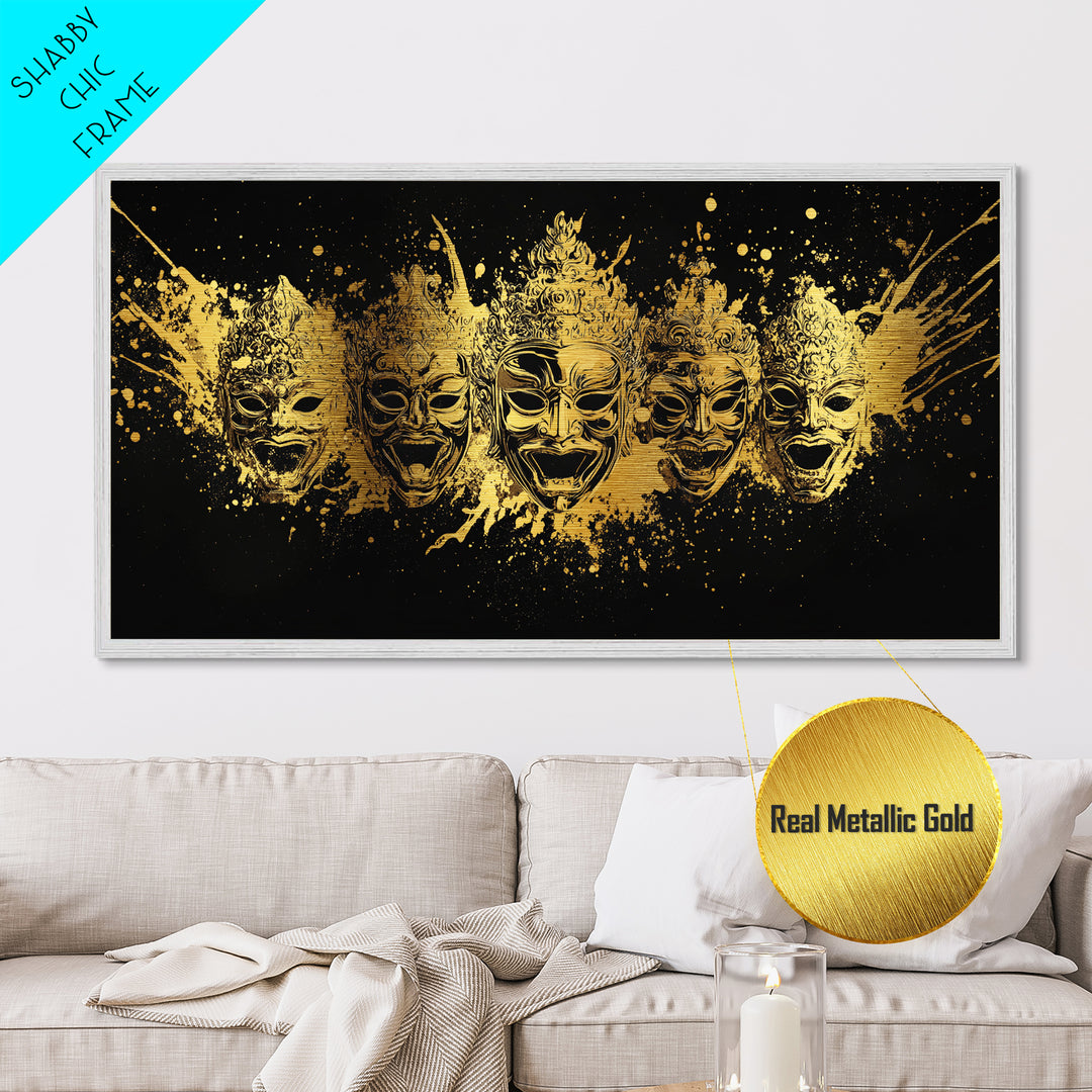 Warrior Mask Set Metallic Gold Art, Splatter Tribal Mask Metal Print, Real Wood Frame Wall Décor, Dramatic Cultural Statement Art