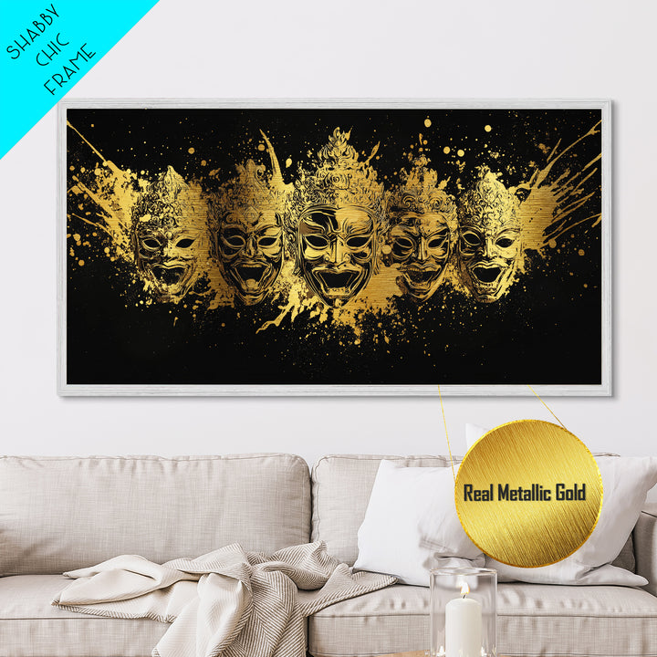 Warrior Mask Set Metallic Gold Art, Splatter Tribal Mask Metal Print, Real Wood Frame Wall Décor, Dramatic Cultural Statement Art