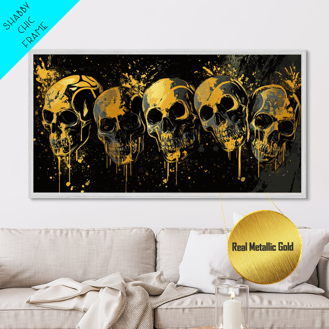 Dark Skull Mask Metallic Gold Metal Print, Splatter Gothic Art On Metal, Real Wood Frame Wall Décor, Macabre Dramatic Wall Artwork