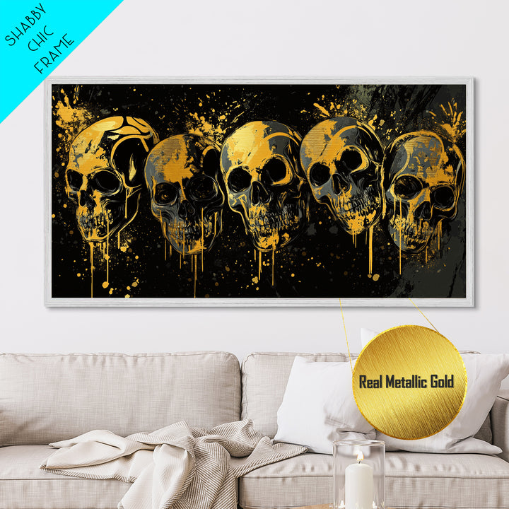 Dark Skull Mask Metallic Gold Metal Print, Splatter Gothic Art On Metal, Real Wood Frame Wall Décor, Macabre Dramatic Wall Artwork