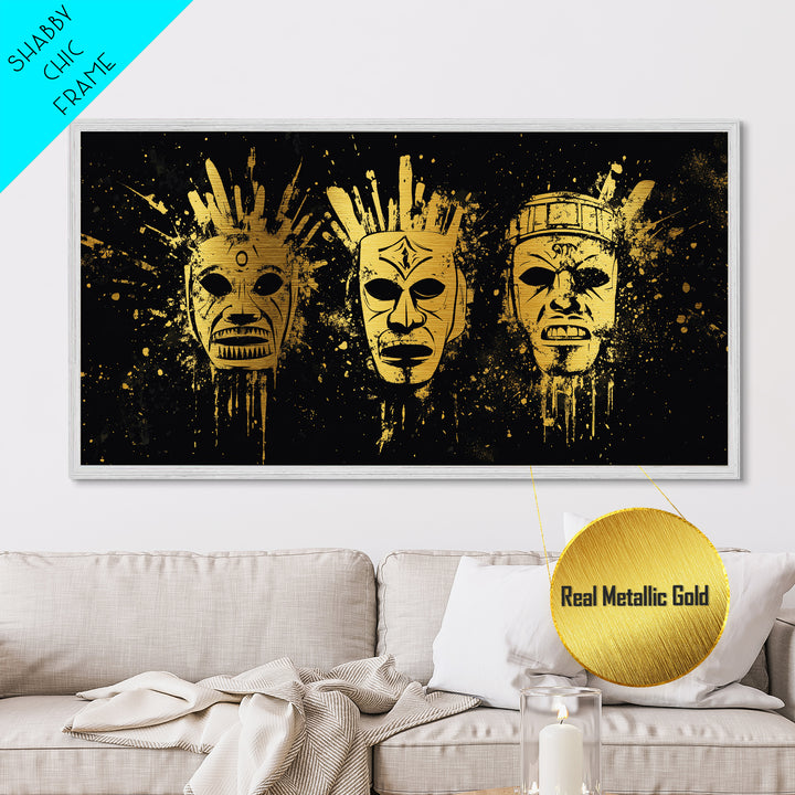 Mystical Sacred Mask Metallic Gold Art, Ornate Splatter Mask Metal Print, Real Wood Frame Wall Décor, Spiritual Bold Statement Artwork