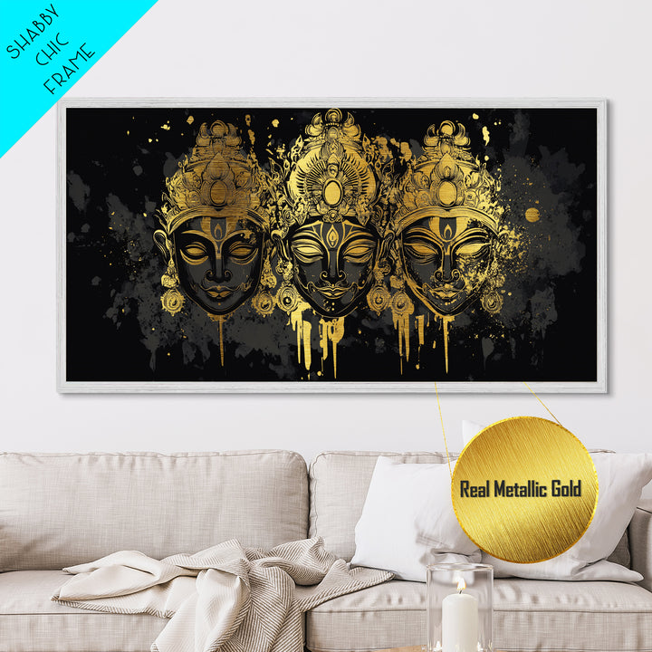 Ornate Demon Mask Metallic Gold Metal Print, Splatter Tribal Art On Metal, Real Wood Frame Wall Décor, Fierce Gothic Statement Artwork