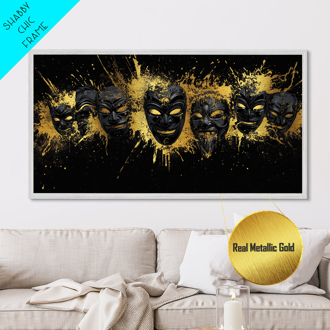 Fiery Demon Mask Metallic Gold Metal Print, Ornate Splatter Mask Art On Metal, Real Wood Frame Wall Décor, Bold Cultural Wall Artwork