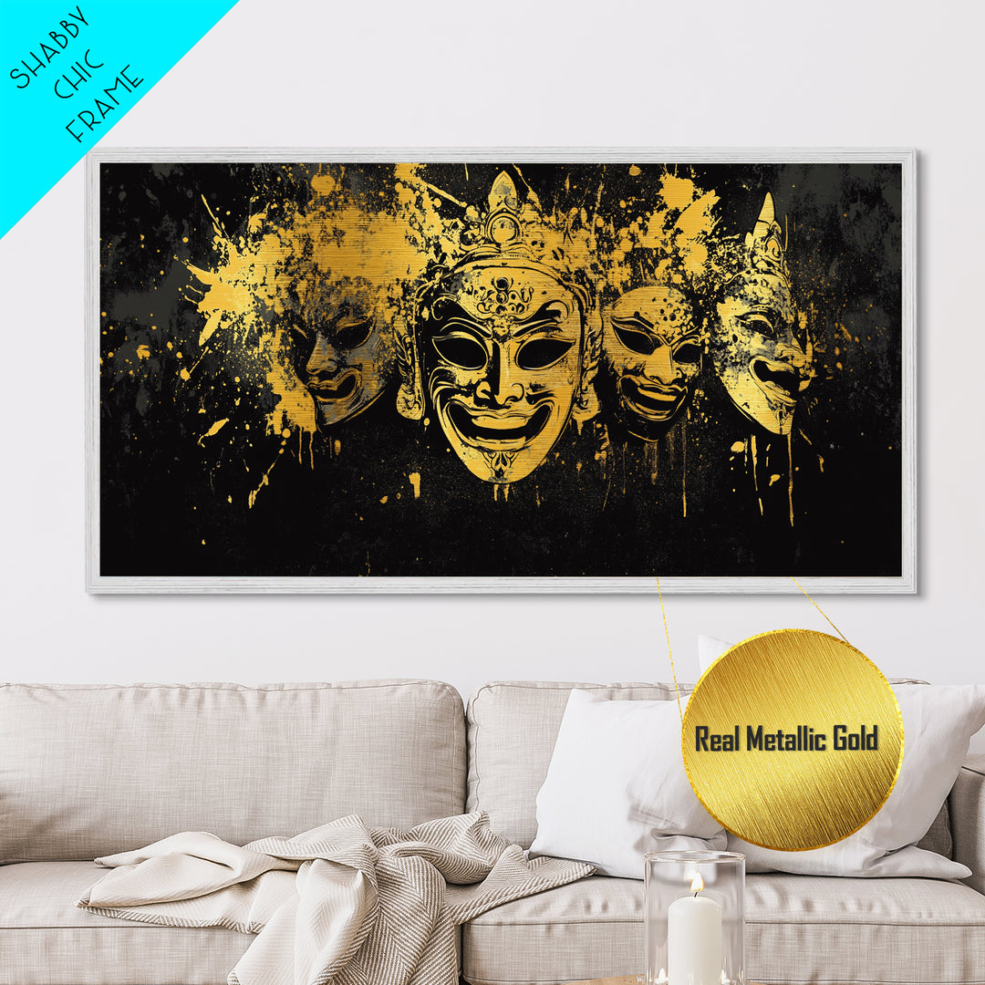Regal Mask Set Metallic Gold Art, Splatter Tribal Demon Mask Metal Print, Real Wood Frame Wall Décor, Bold Fierce Statement Artwork