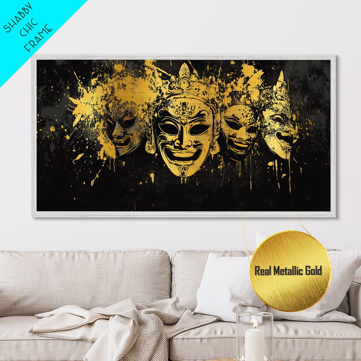 Regal Mask Set Metallic Gold Art, Splatter Tribal Demon Mask Metal Print, Real Wood Frame Wall Décor, Bold Fierce Statement Artwork