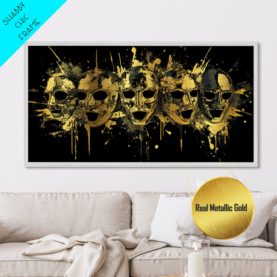 Theatrical Comedy Mask Metallic Gold Metal Print, Splatter Dramatic Art On Metal, Real Wood Frame Wall Décor, Gothic Statement Artwork