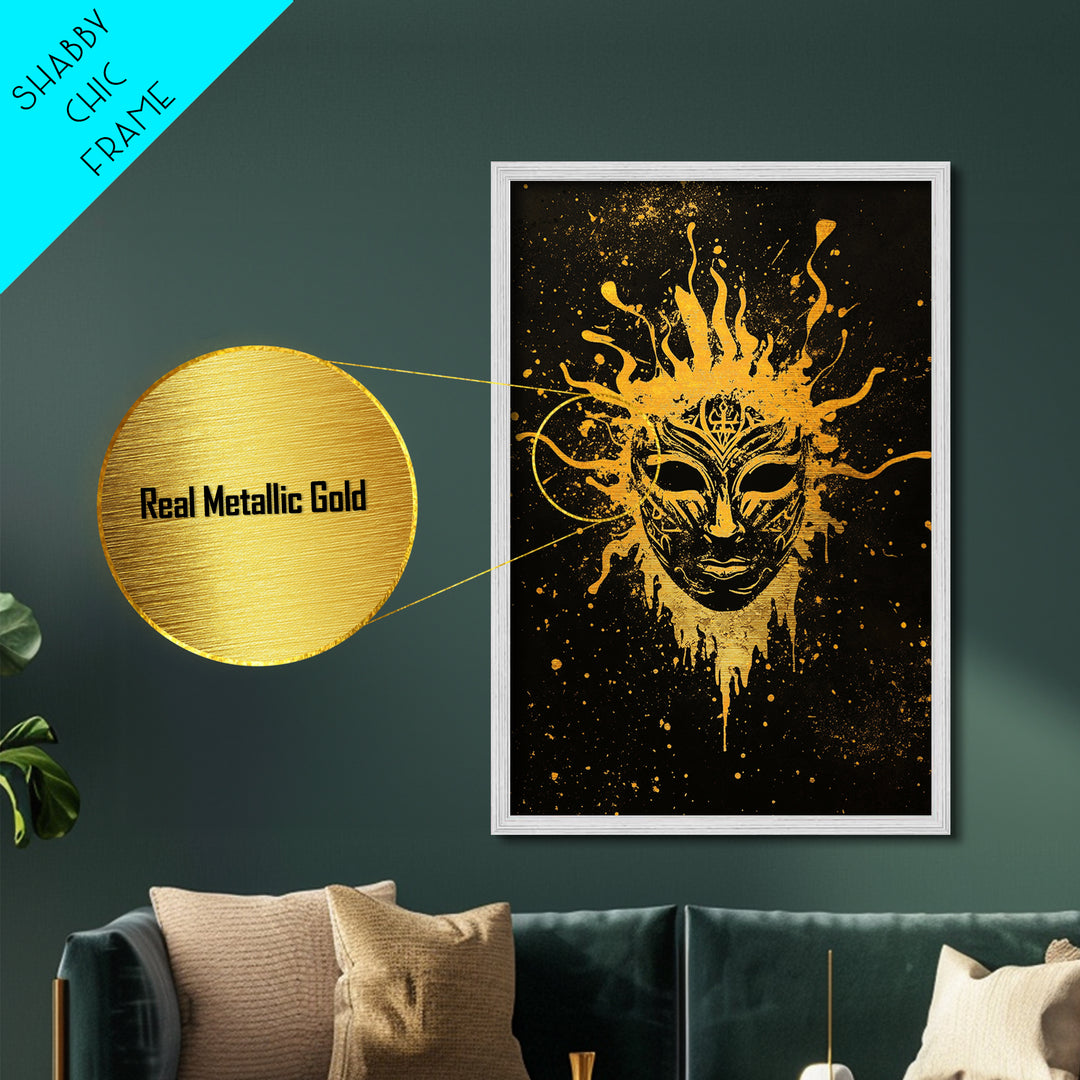 Mystical Tribal Mask Metallic Gold Metal Print, Abstract Face Art, Splatter Style Wall Decor, Real Wood Frame