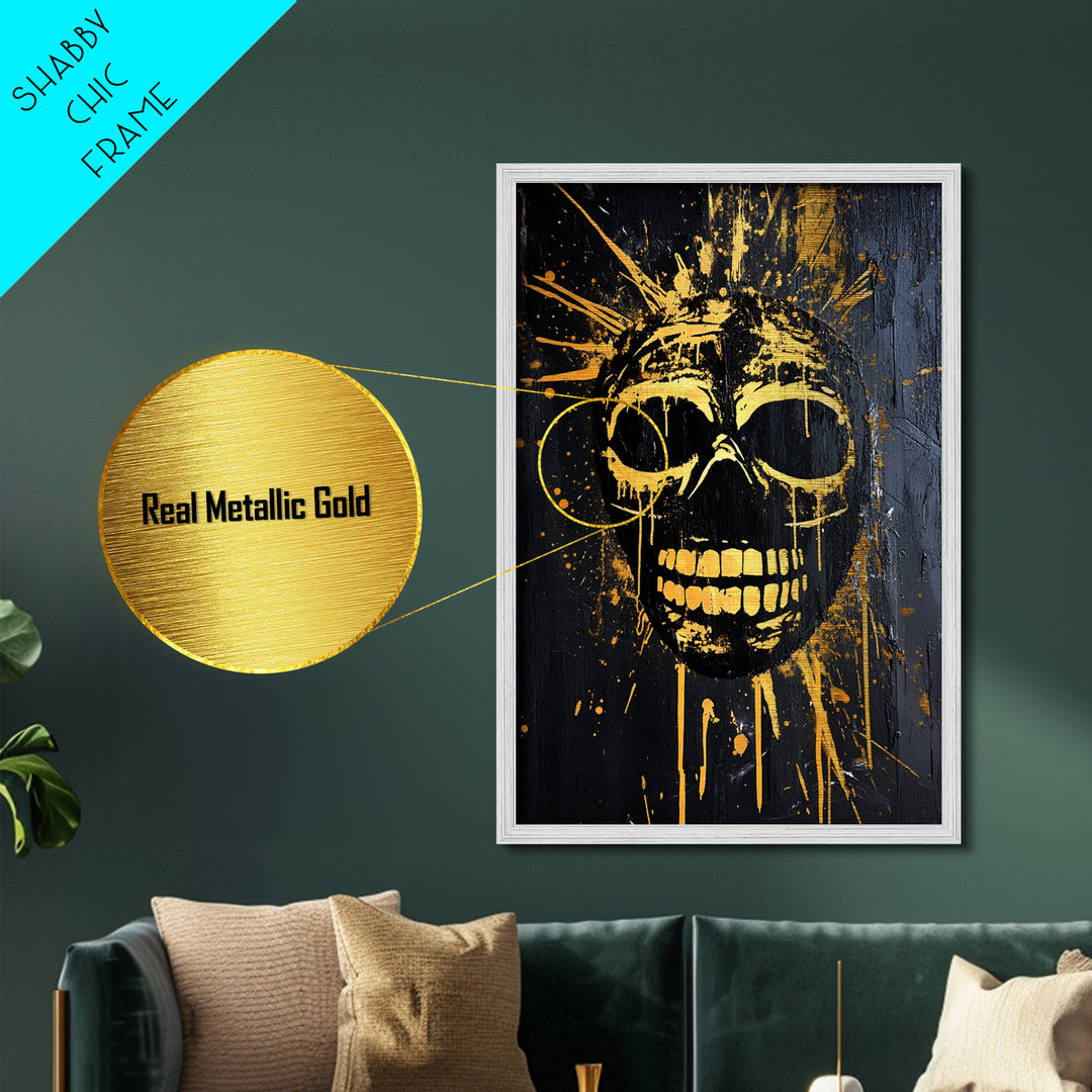 Golden Skull Mask Metallic Gold Metal Print, Dark Gothic Face Art, Horror Splatter Wall Decor, Real Wood Frame