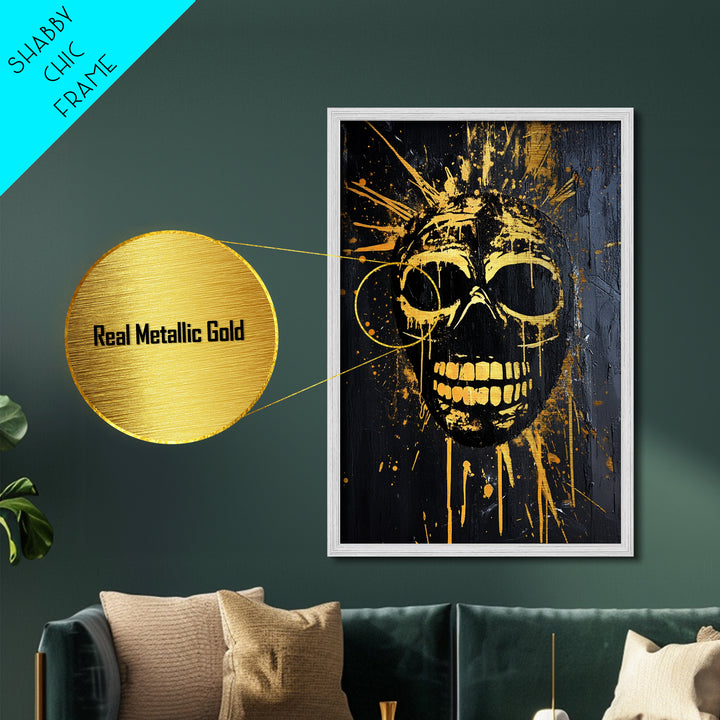 Golden Skull Mask Metallic Gold Metal Print, Dark Gothic Face Art, Horror Splatter Wall Decor, Real Wood Frame