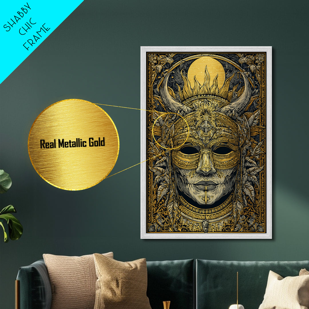 Horned Tribal Mask Metallic Gold Metal Print, Ethnic Warrior Face Art, Ornate Mythic Wall Decor, Real Wood Frame