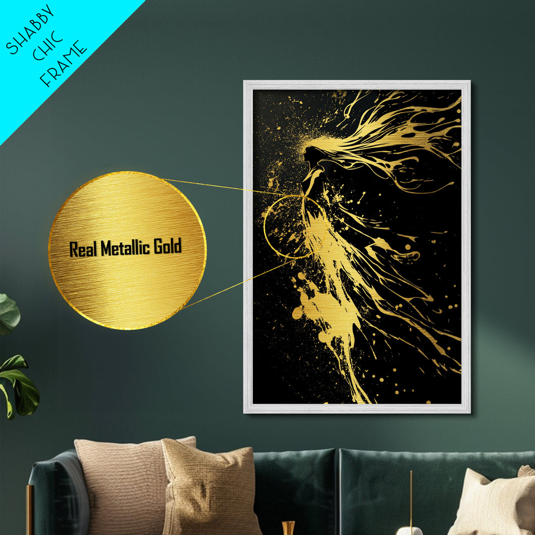 Golden Spirit Woman Metallic Gold Art, Flowing Abstract Female Silhouette, Modern Splatter Wall Decor, Real Wood Frame