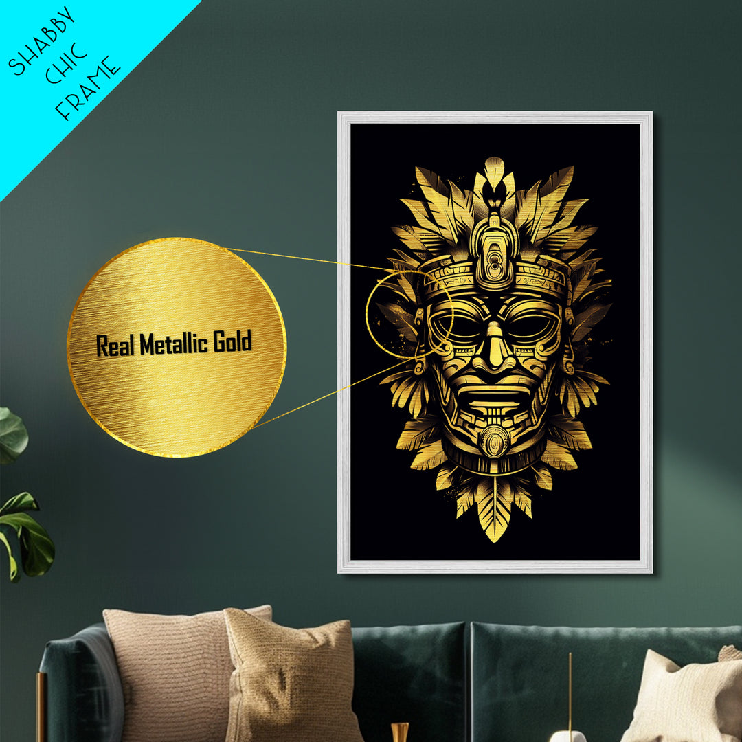 Ancient Aztec God Metallic Gold Metal Print, Ornate Tribal Face Artwork, Ethnic Mythic Wall Decor, Real Wood Frame