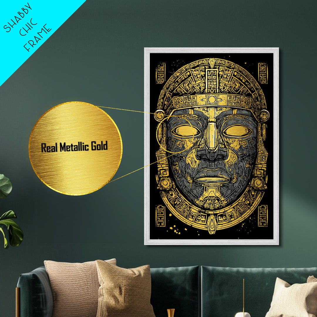 Aztec Warrior Sun Mask Metallic Gold Metal Print, Ornate Tribal Face Artwork, Ancient Ethnic Wall Decor, Real Wood Frame