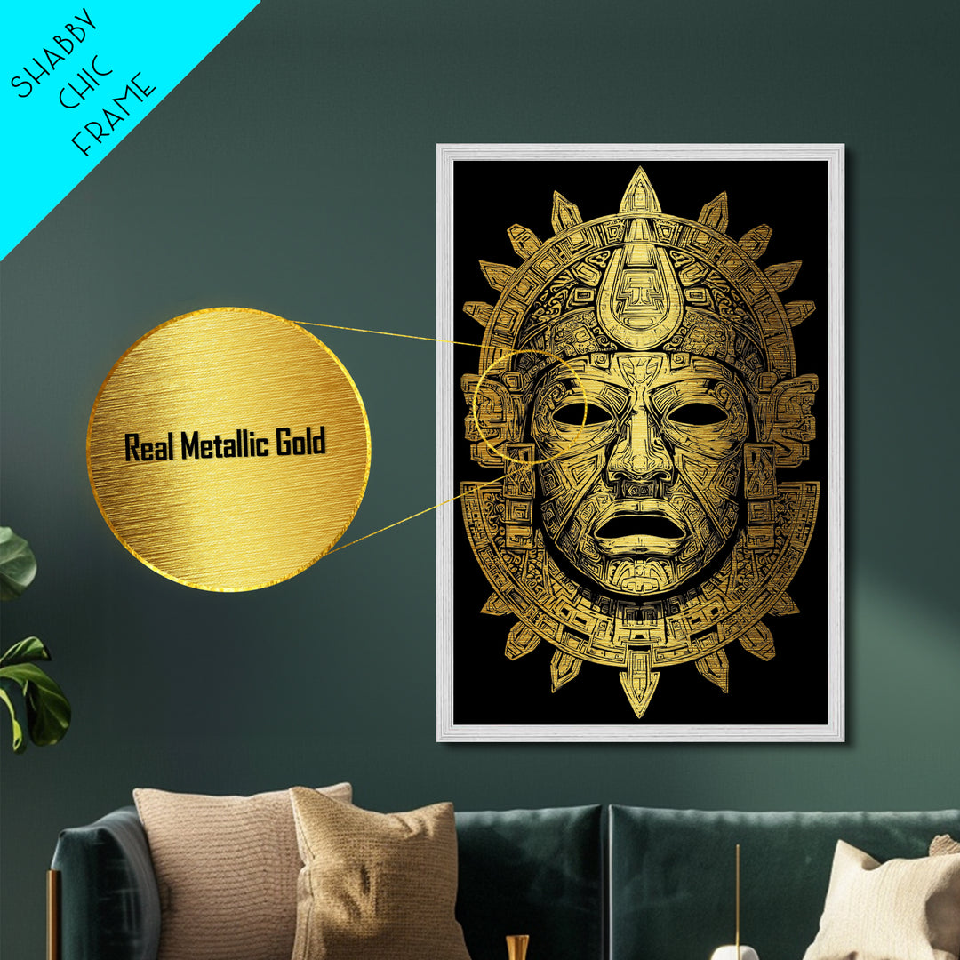 Aztec Deity Mask Metallic Gold Metal Print, Ornate Tribal Face Artwork, Ancient Cultural Wall Hanging, Real Wood Frame