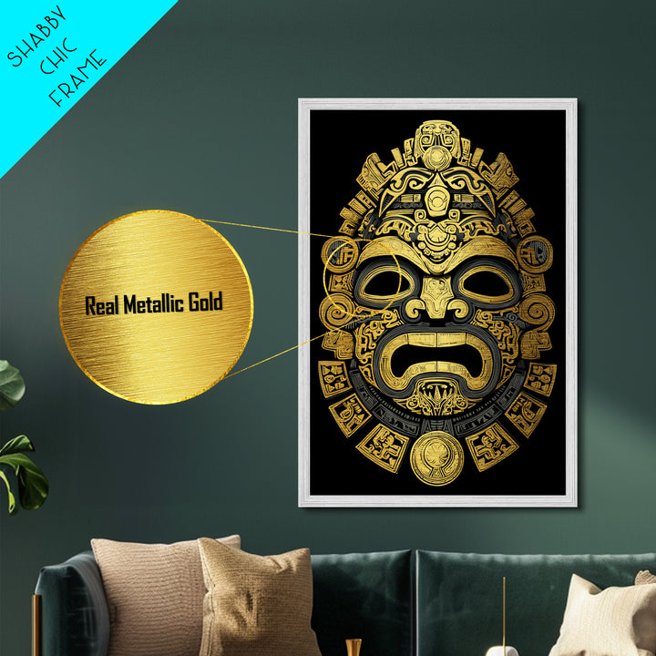 Aztec Feathered God Mask Metallic Gold Metal Print, Ornate Tribal Face Artwork, Ancient Ethnic Wall Decor, Real Wood Frame