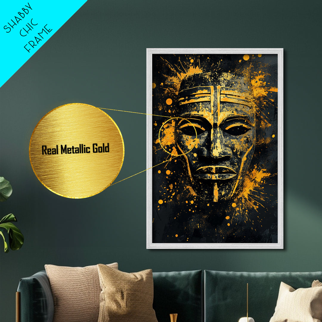 Bakongo Ritual Mask Metallic Gold Metal Print, African Ethnic Face Art, Spiritual Tribal Wall Hanging Decor, Real Wood Frame