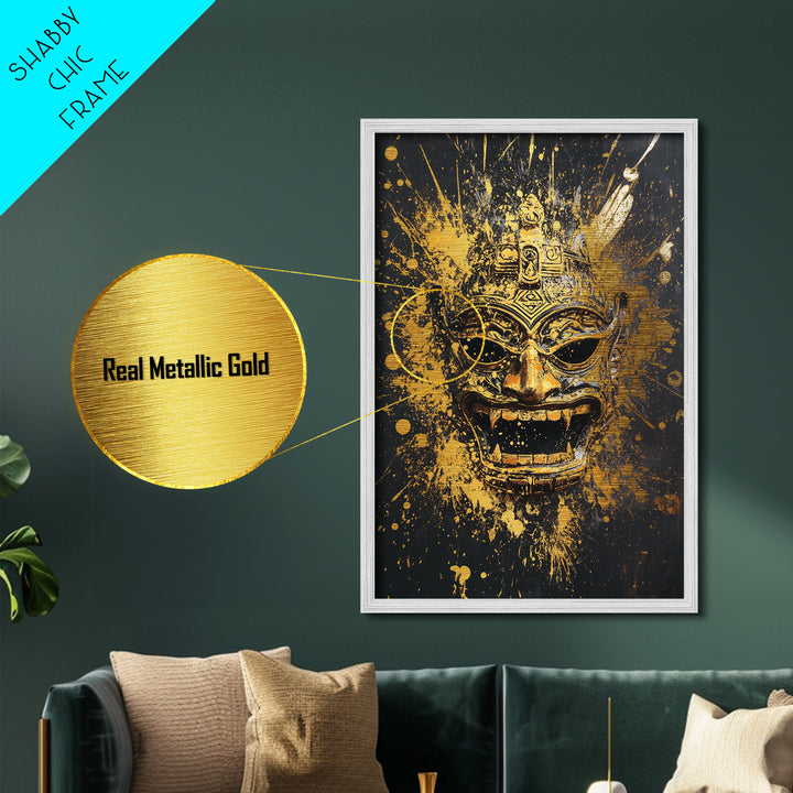 Balinese Demon Mask Metallic Gold Metal Print, Ornate Tribal Face Art, Mythical Splatter Style Wall Decor, Real Wood Frame