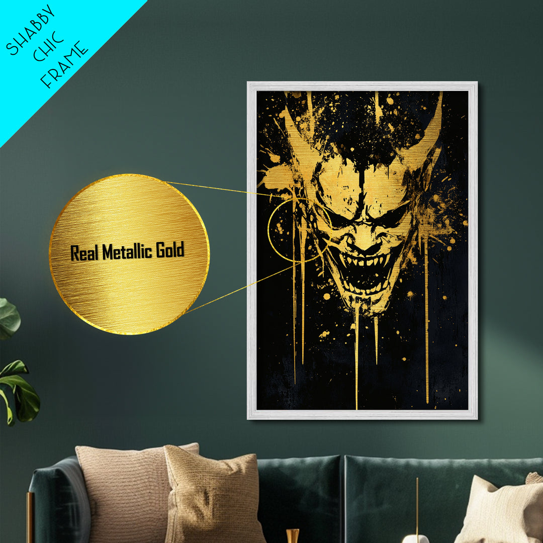 Demonic Splatter Mask Metallic Gold Metal Print, Fierce Abstract Face Art, Bold Horror Inspired Wall Decor, Real Wood Frame