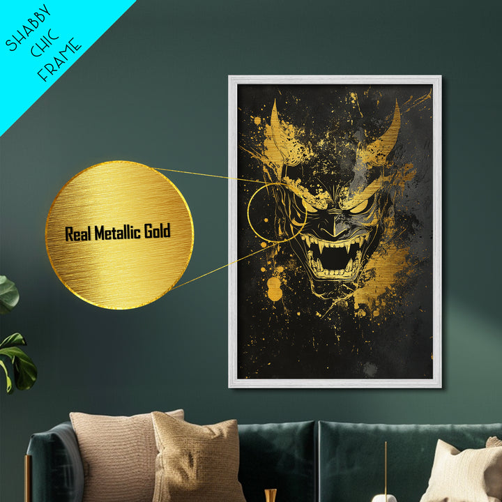 Oni Demon Mask Metallic Gold Metal Print, Japanese Inspired Splatter Artwork, Fierce Mythical Wall Decor, Real Wood Frame