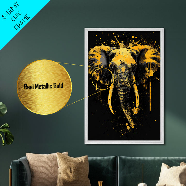 Elephant Head Metallic Gold Metal Print, Splatter Style Wildlife Artwork, Majestic Animal Wall Decor, Real Wood Frame