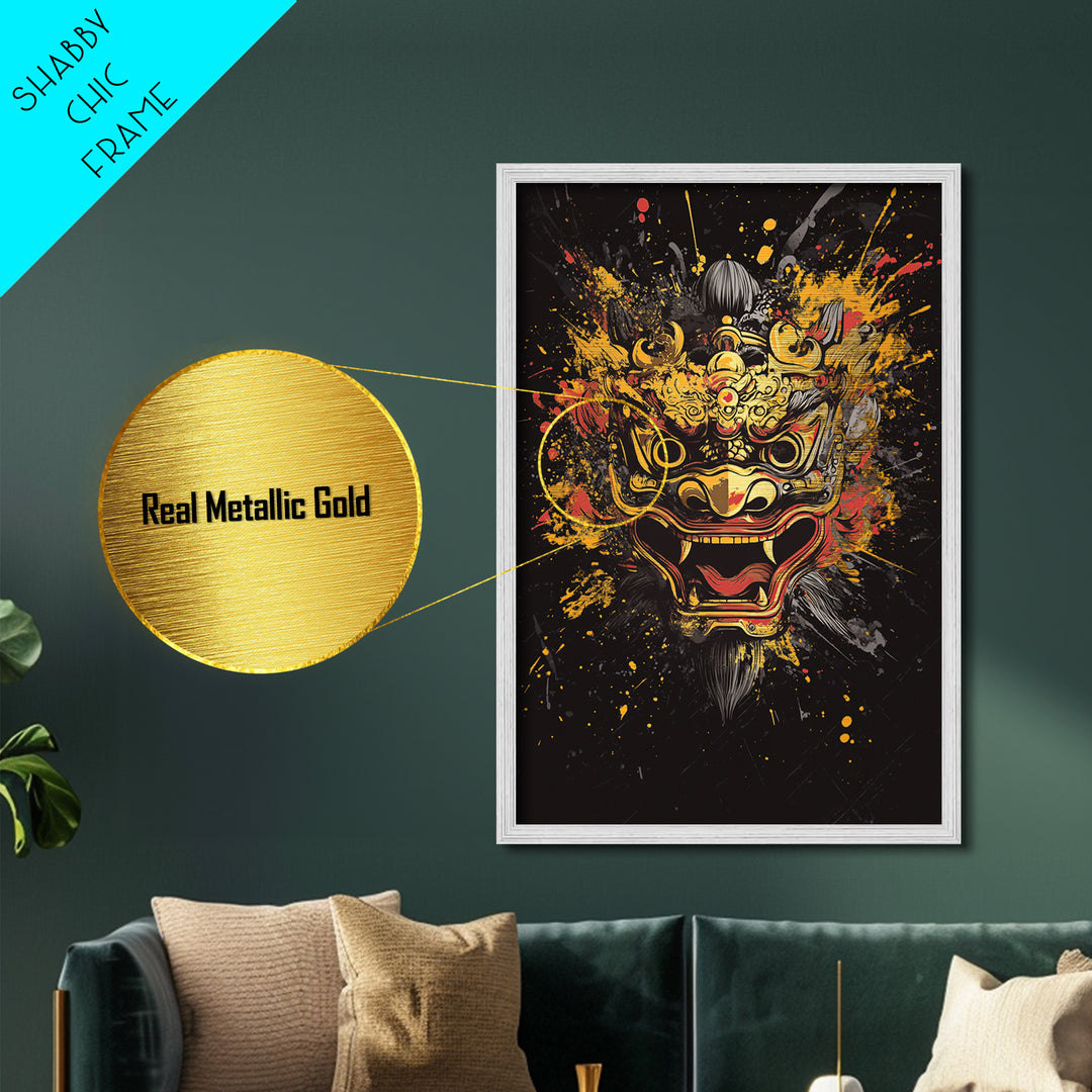 Barong Mythical Mask Metallic Gold Metal Print, Ornate Balinese Face Artwork, Cultural Splatter Wall Decor, Real Wood Frame