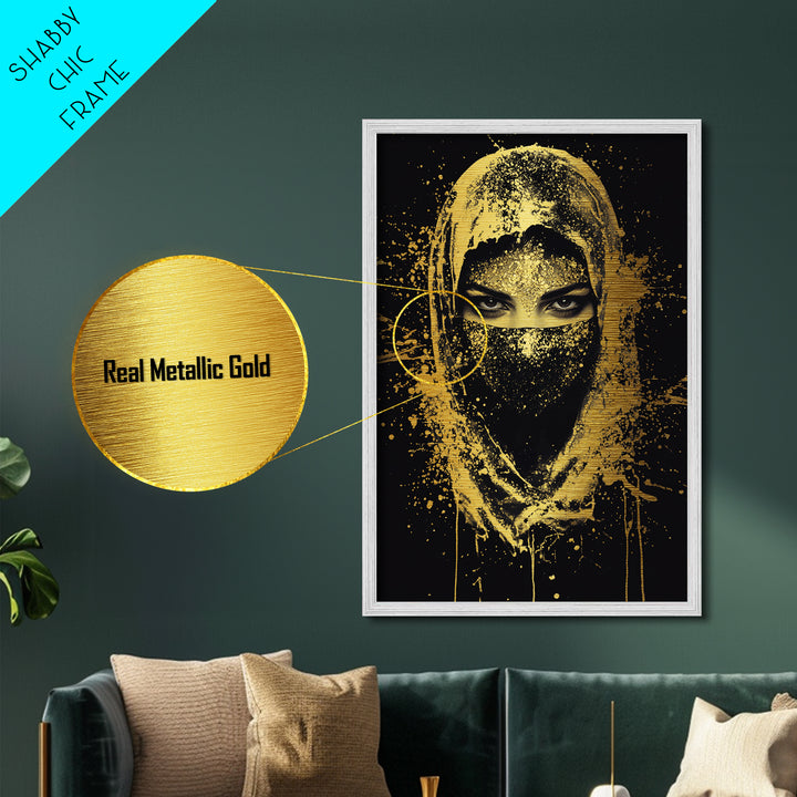 Mystical Veiled Woman Metallic Gold Metal Print, Splatter Style Portrait Art, Ethereal Female Artwork, Real Wood Frame Wall Decor