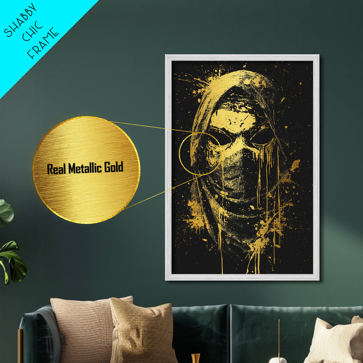 Hooded Tribal Figure Metallic Gold Metal Print, Splatter Style Mask Art, Spiritual Warrior Artwork, Real Wood Frame Bold Wall Decor
