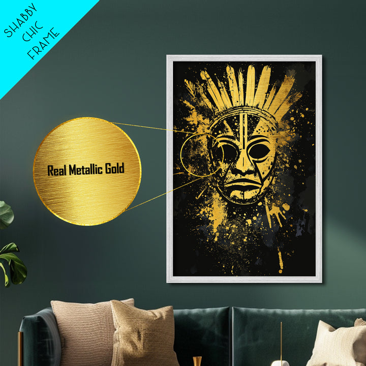 Feathered Tribal Mask Metallic Gold Metal Print, Ancestral Face Art, Splatter Style Ethnic Wall Hanging, Real Wood Frame Artwork