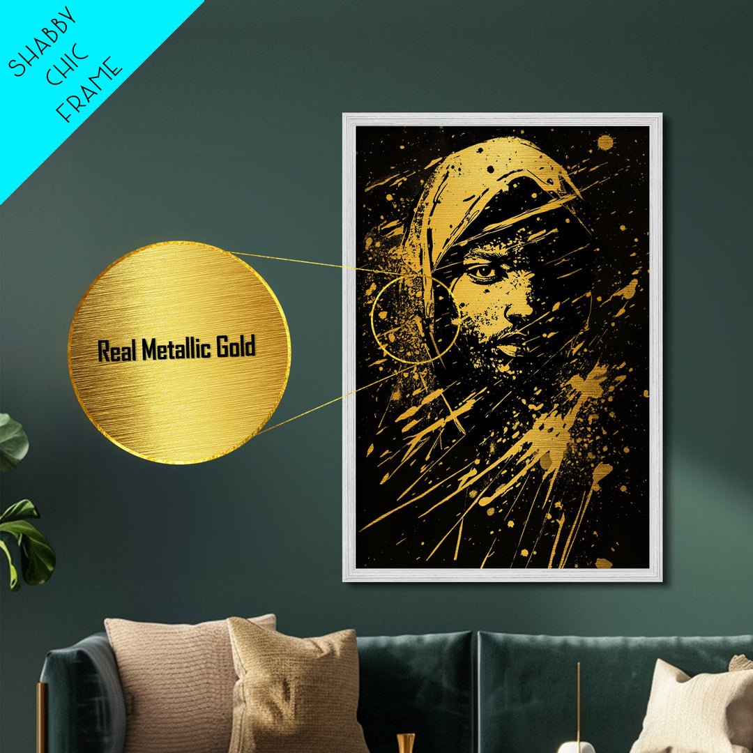 Golden Veiled Portrait Metallic Gold Metal Print, Abstract Female Art, Splatter Style Ethereal Face Artwork, Real Wood Frame Decor