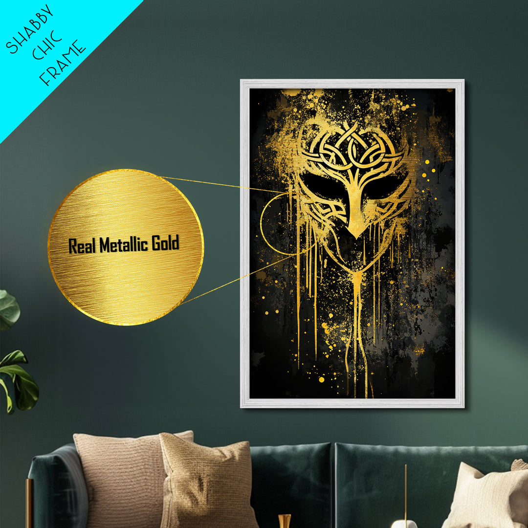 Celtic Knot Mask Metallic Gold Art, Intricate Tribal Inspired Design, Abstract Splatter Wall Decor, Real Wood Frame