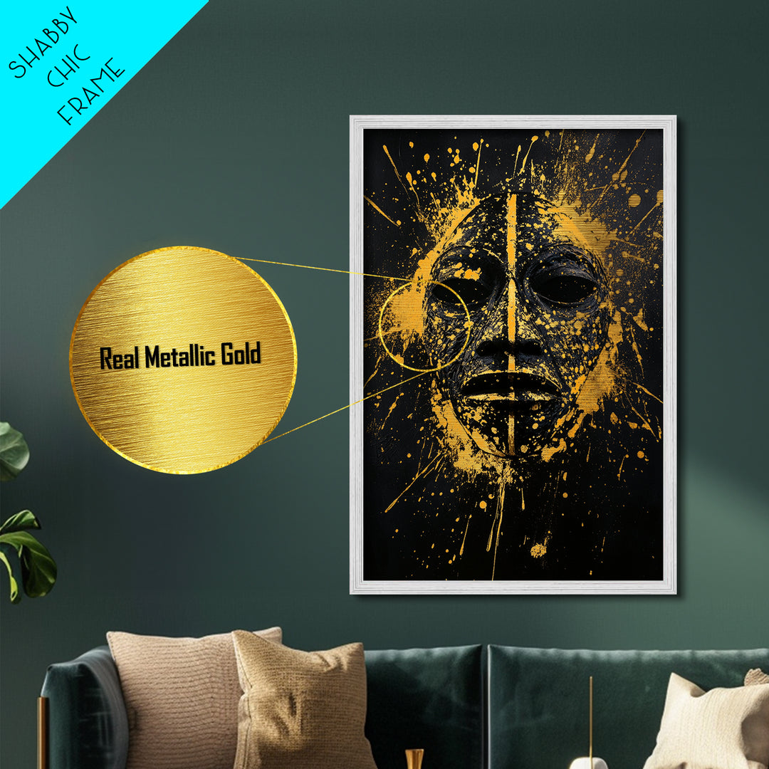 African Tribal Mask Metallic Gold Metal Print, Bold Face Art, Splatter Style Ethnic Wall Decoration, Real Wood Frame