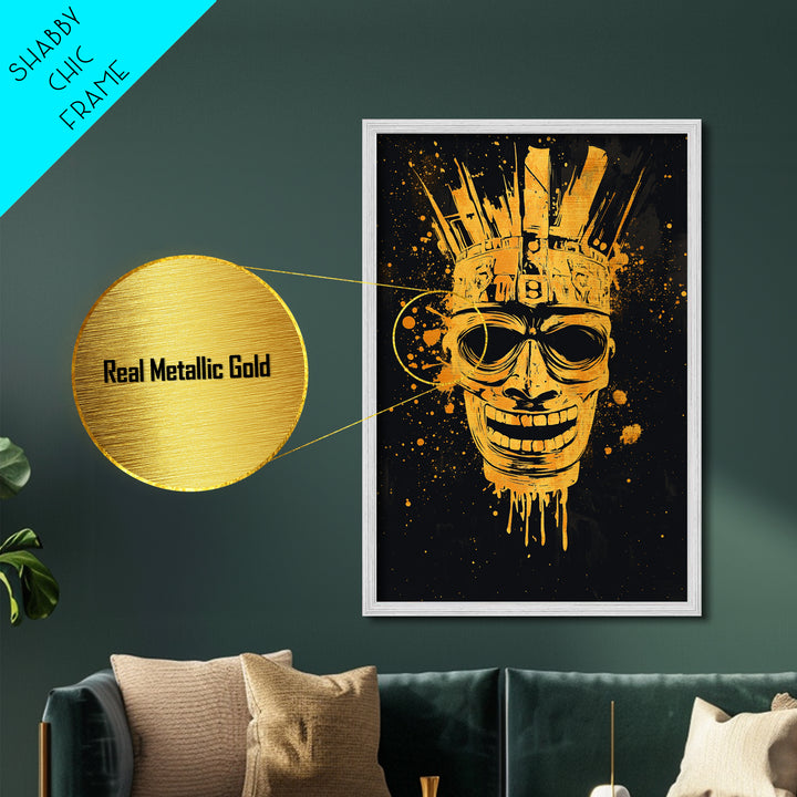 Ancient Warrior Mask Metallic Gold Metal Print, Tribal Armor Inspired Face Art, Bold Splatter Wall Decor, Real Wood Frame