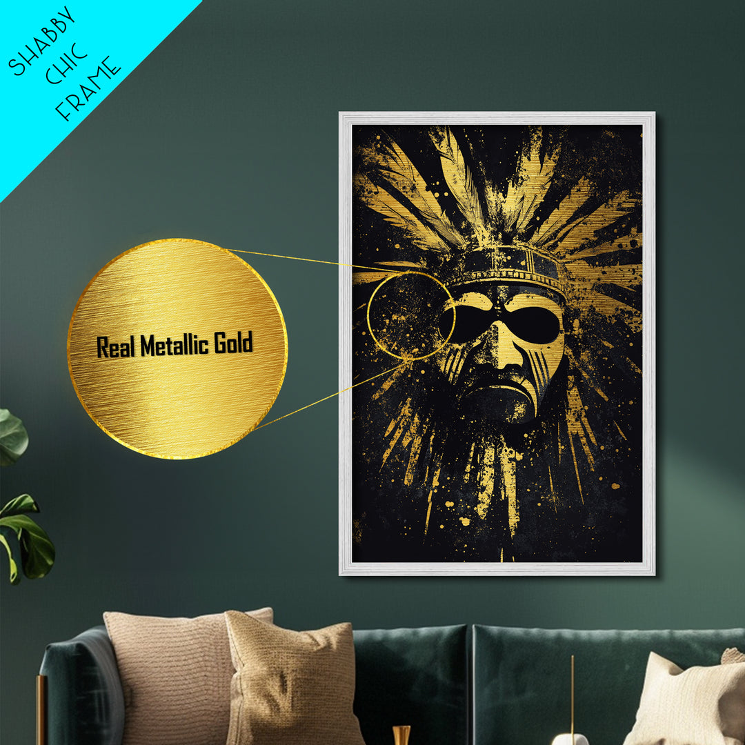 Aztec Sun Mask Metallic Gold Metal Print, Tribal Inspired Ancient Face Art, Splatter Style Wall Decor, Real Wood Frame