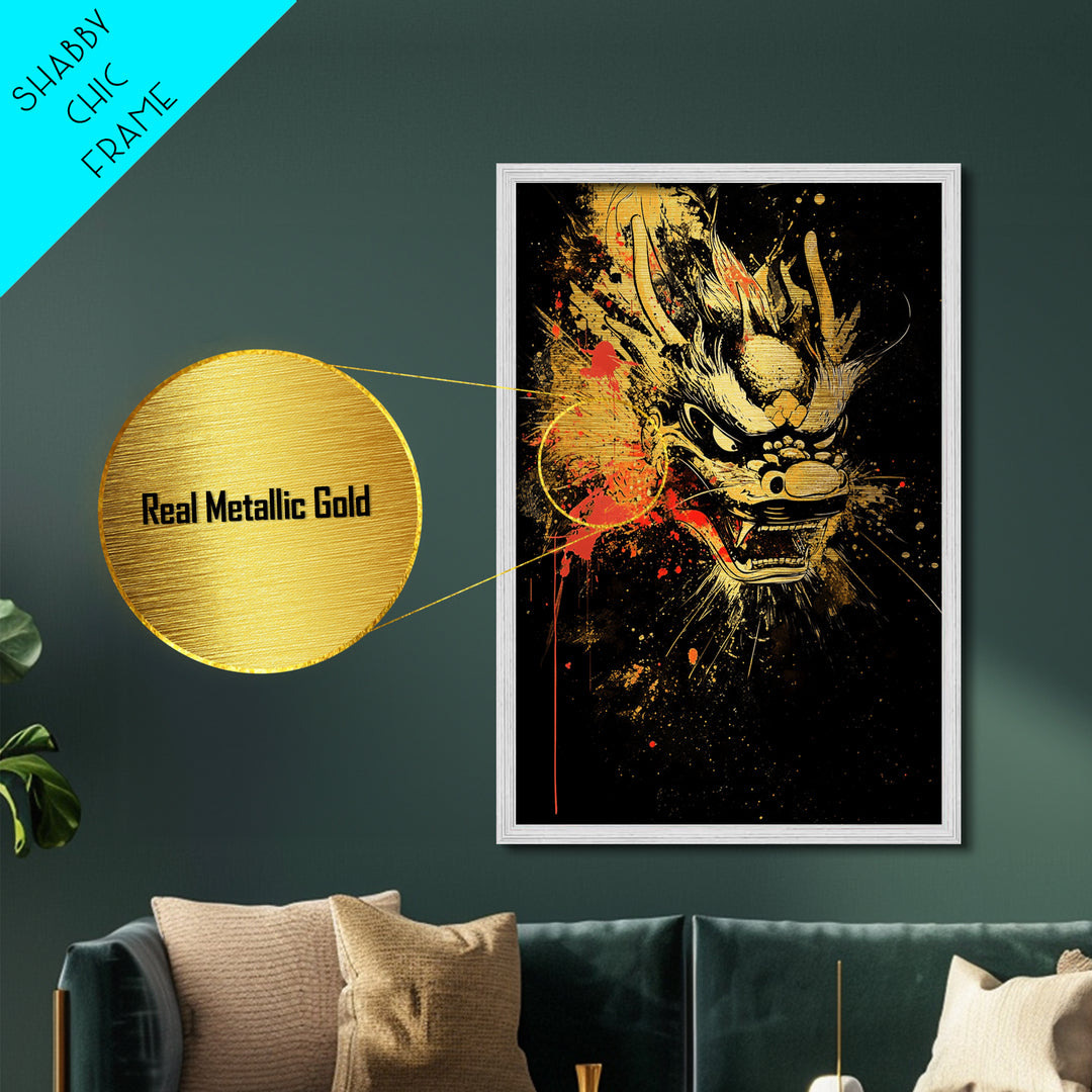 Native Headdress Mask Metallic Gold Art, Tribal Inspired Splatter Face Print, Bold Ethnic Wall Decor, Real Wood Frame