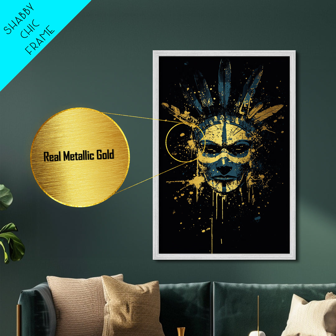 Tribal Feather Mask Metallic Gold Metal Print, Abstract Splatter Mask Wall Art, Real Wood Frame, Modern Ethnic Home Decor