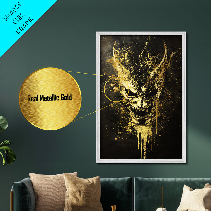 Oni Demon Mask Metallic Gold Metal Print, Japanese Mythology Wall Art, Real Wood Frame, Bold Samurai Mask Artwork