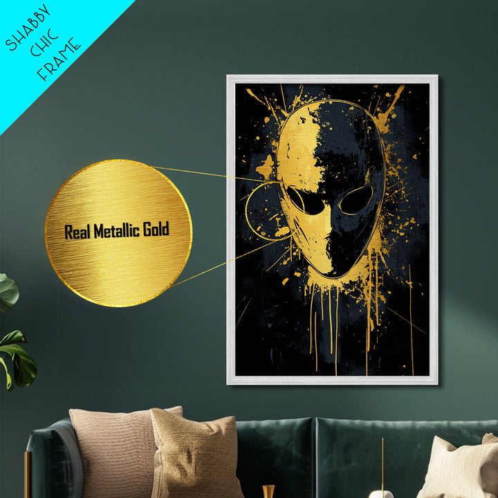 Minimalist Mask Metallic Gold Metal Print, Abstract Splatter Face Wall Art, Real Wood Frame, Contemporary Mask Decor