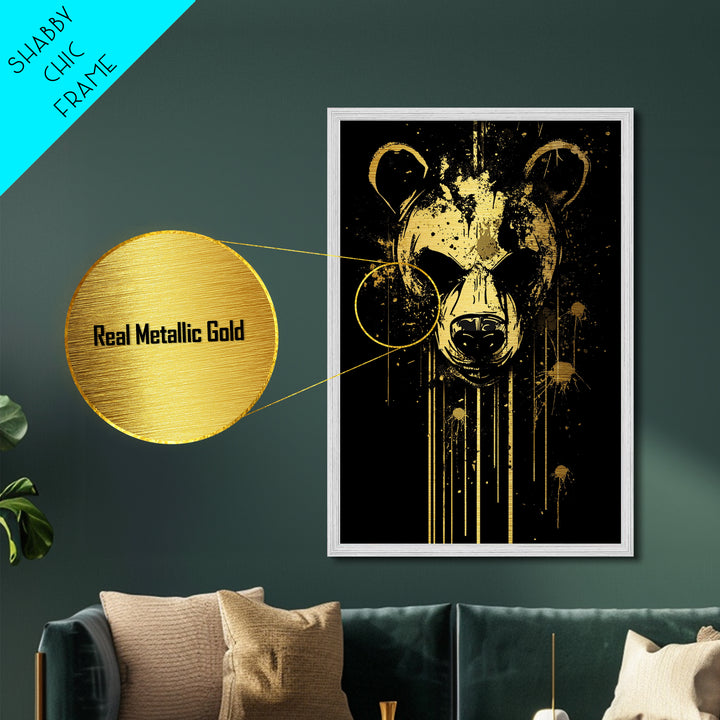 Bear Face Metallic Gold Metal Print, Animal Splatter Wall Art, Real Wood Frame, Fierce Wildlife Artwork For Modern Decor