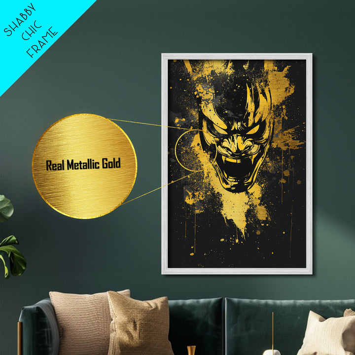 Samurai Mask Metallic Gold Metal Print, Japanese Warrior Wall Art, Real Wood Frame, Bold Splatter Mask Artwork For Home