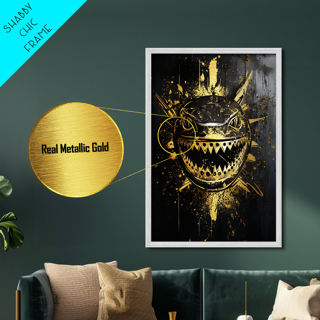 Shark Splatter Metallic Gold Metal Print, Abstract Ocean Predator Wall Art, Real Wood Frame, Bold Modern Sea Life Artwork