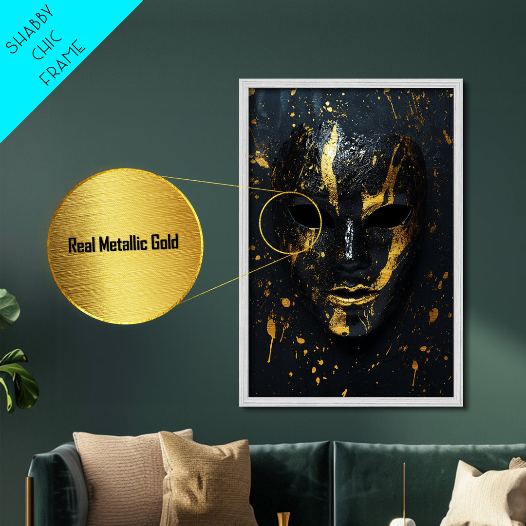 Abstract Mask Metallic Gold Metal Print, Contemporary Splatter Face Wall Art, Real Wood Frame, Modern Tribal Mask Decor