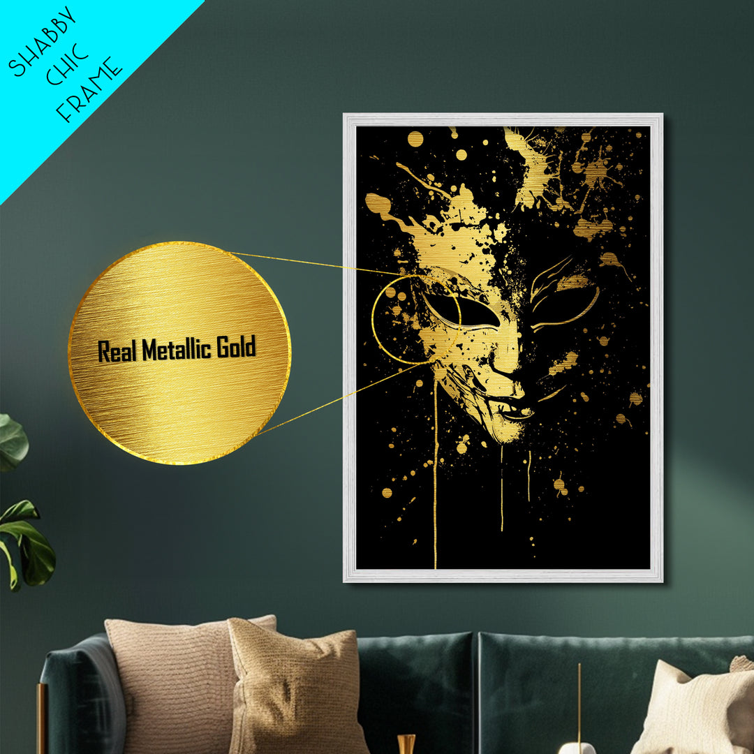 Mysterious Mask Metallic Gold Metal Print, Abstract Splatter Face Wall Art, Real Wood Frame, Dark Modern Mask Artwork