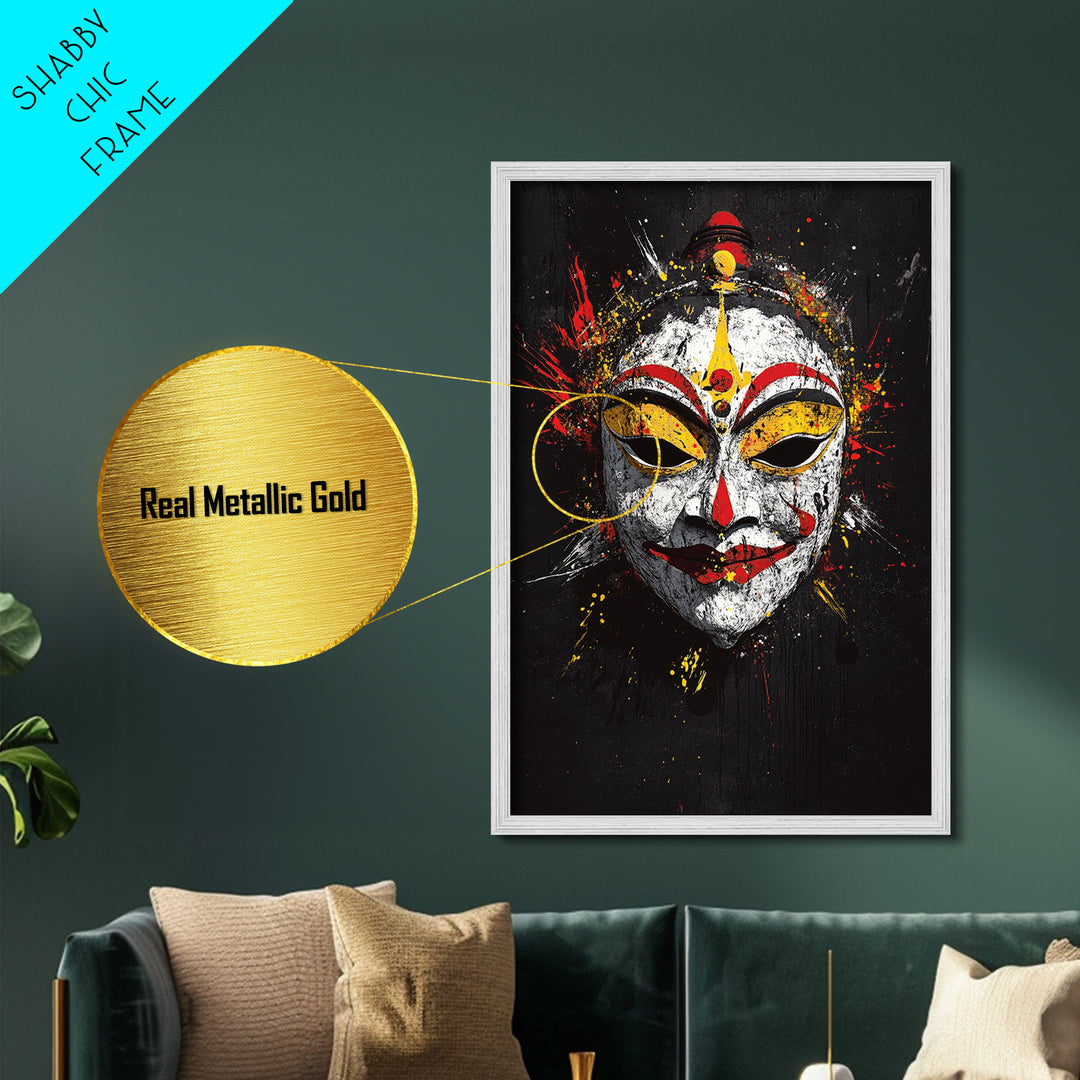 Tribal Feather Mask Metallic Gold Metal Print, Splatter Art Decor, Ethnic Wall Art, Real Wood Frame, Cultural Modern Artwork