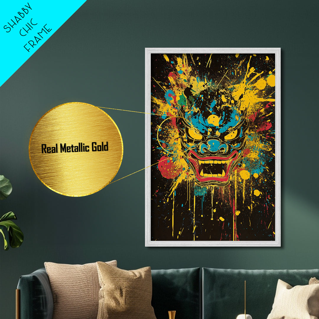 Demonic Horn Mask Metallic Gold Metal Print, Gothic Wall Art, Dark Splatter Painting, Real Wood Frame, Bold Statement Decor