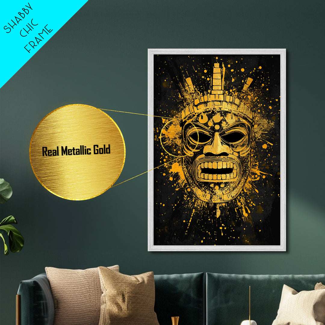 Abstract Alien Mask Metallic Gold Metal Print, Futuristic Splatter Art, Minimalist Wall Art, Real Wood Frame, Modern Home Decor
