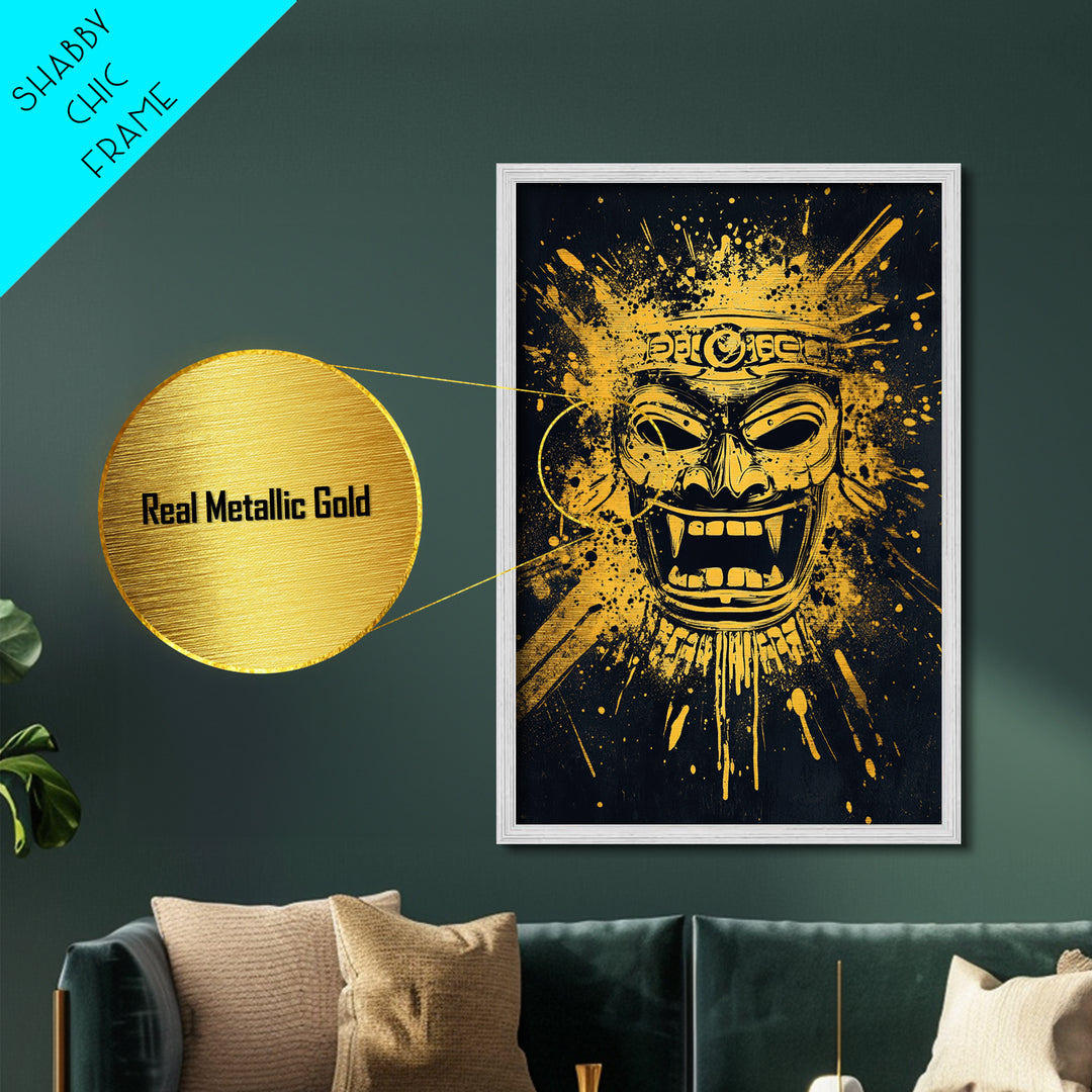 Shark Head Metallic Gold Metal Print, Splatter Ocean Art, Fierce Predator Wall Decor, Real Wood Frame, Modern Marine Artwork