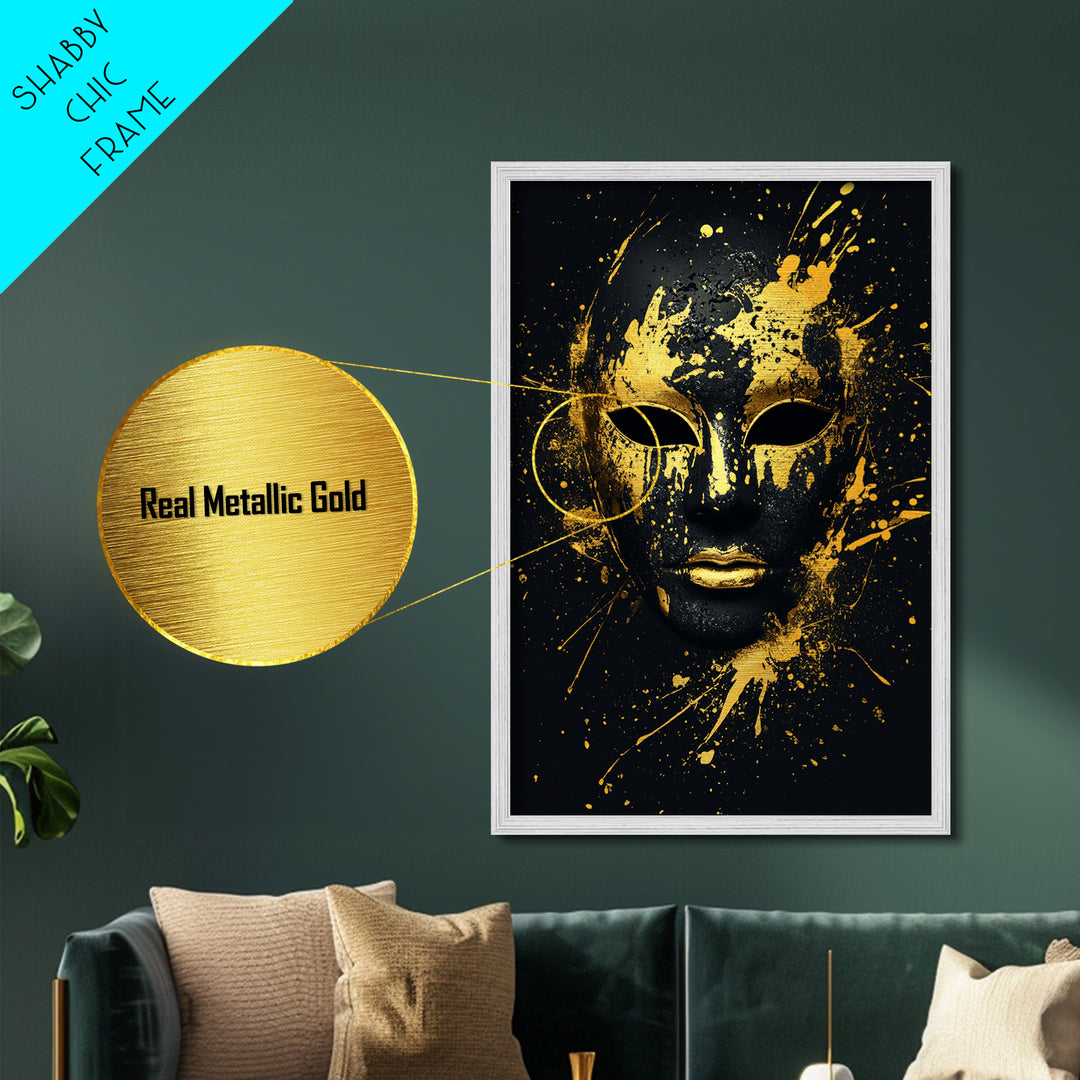 Venetian Mask Metallic Gold Metal Print, Elegant Wall Art, Luxury Mask Artwork, Real Wood Frame, Dramatic Splatter Effect Home Decor