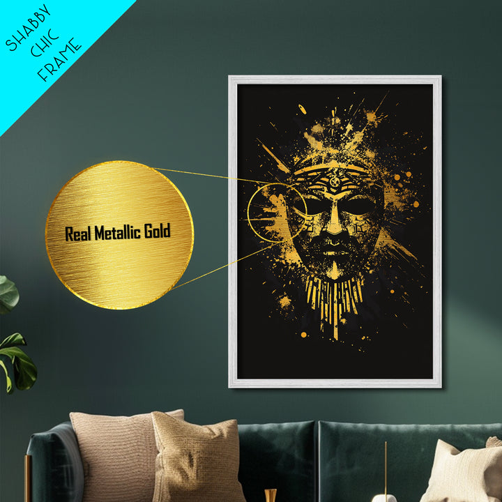 Ancient Warrior Mask Metallic Gold Metal Print, Historical Wall Art, Tribal Battle Mask Artwork, Real Wood Frame, Striking Home Accent