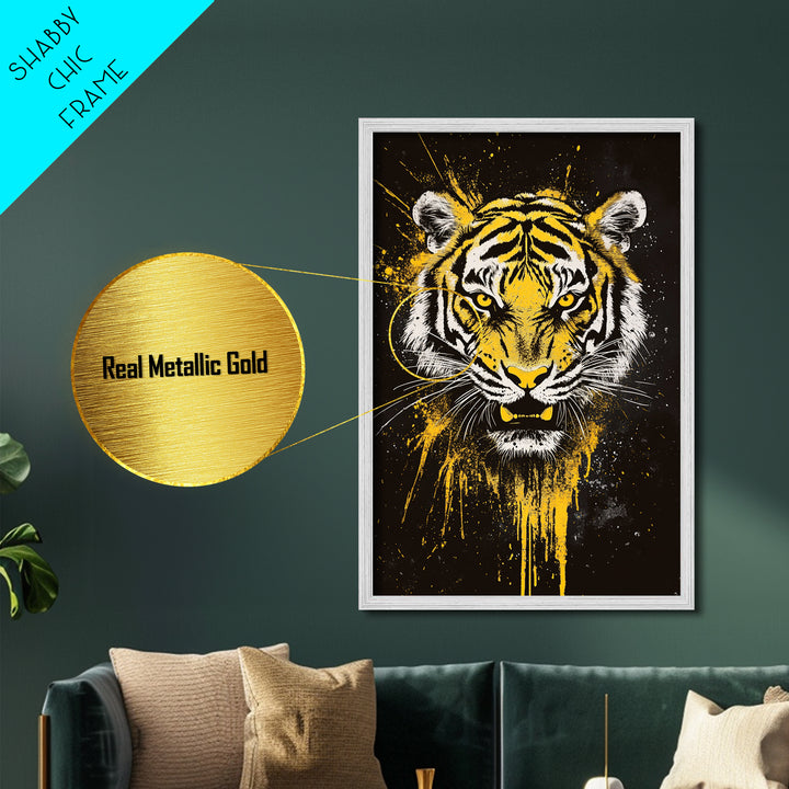 Tiger Face Metallic Gold Metal Print, Wildlife Wall Art, Jungle Animal Artwork, Real Wood Frame, Fierce Predator Home Accent