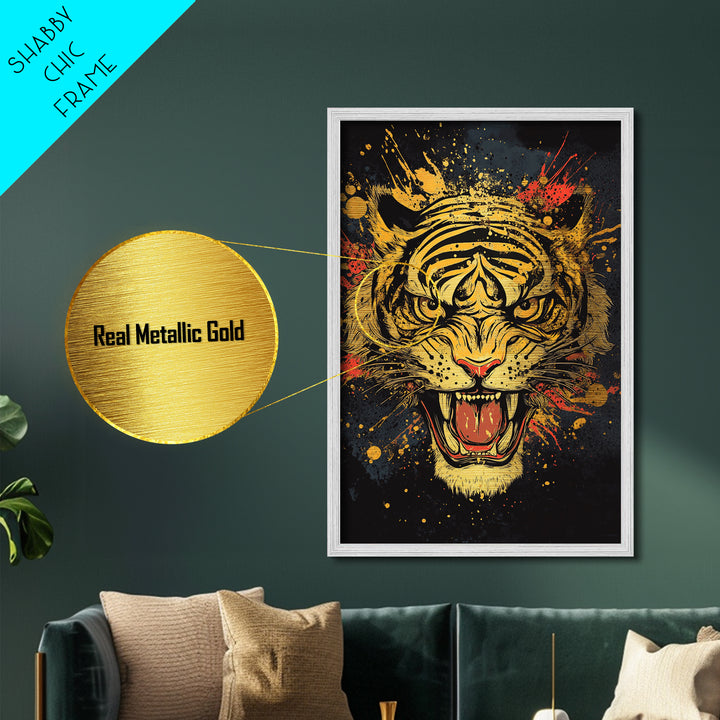 Roaring Tiger Metallic Gold Metal Print, Wildlife Wall Art, Bold Jungle Cat Artwork, Real Wood Frame, Intense Animal Decor For Home